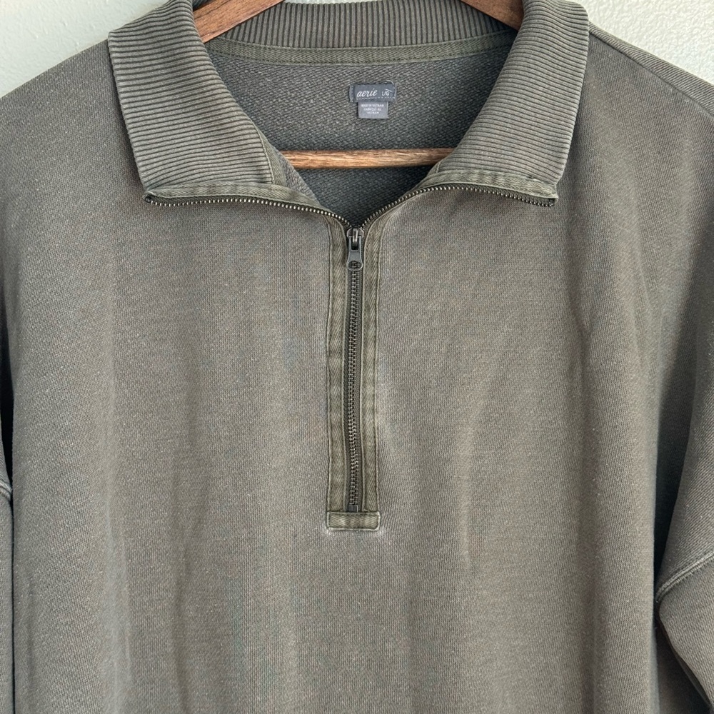 Aerie Sun’s Out Quarter Zip Sweatshirt Olive Green Oversized Pullover L - Picture 5 of 10